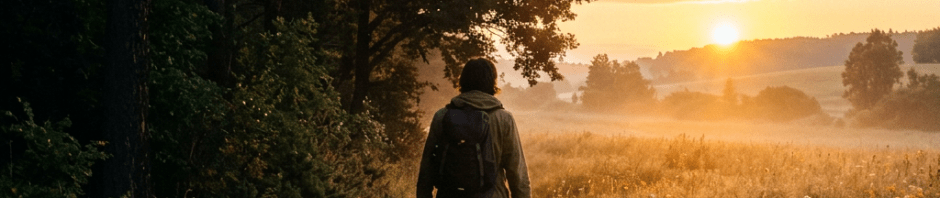Person walking on a narrow trail next to a forest at sunrise with wildflowers and mist