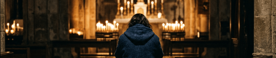 Person kneeling at prayer bench facing altar with candles and crucifix