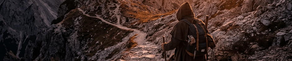 Hiker with a backpack and walking stick on a rocky mountain trail at sunset