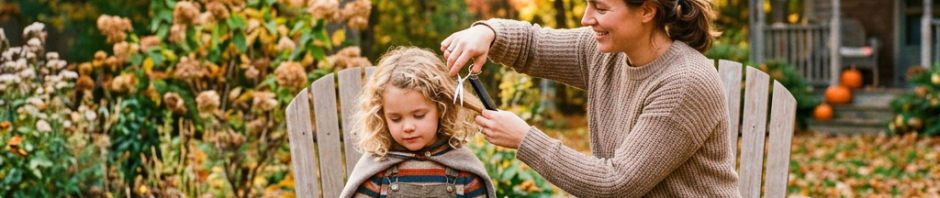 Mother braiding daughter’s hair outdoors with autumn leaves around