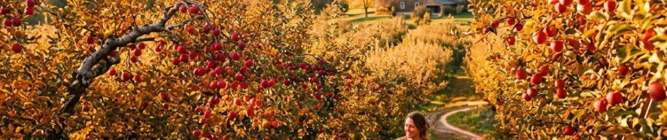 Woman carrying basket of red apples walking in an apple orchard during autumn