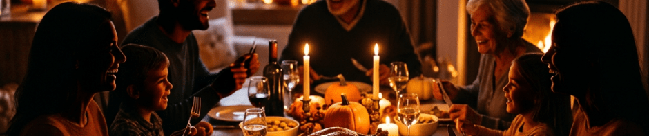 Family gathered around a candlelit table sharing Thanksgiving dinner