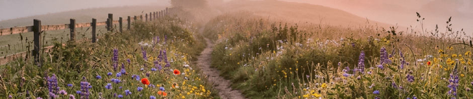 Narrow dirt path bordered by vibrant wildflowers leading through misty hills at sunrise