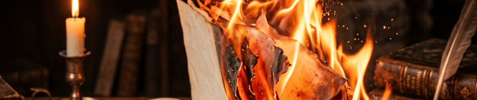 Open ancient book catching fire on a wooden table surrounded by candlelight and quills